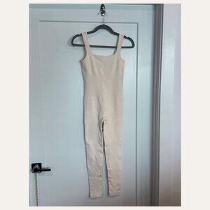 Seamless Ribbed Unitard Yoga Jumpsuit Cream Off White Size S